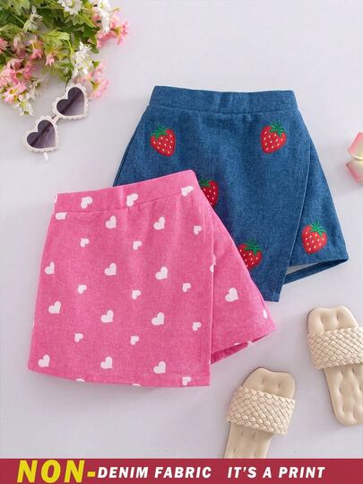 SHEIN Elladie kids 2pcs/Set Celana Pendek Asimetris Motif Denim Wajah Hati Bunga Matahari Warna Biru & Pink Kombinasi, Cocok Untuk Liburan Musim Panas, Kembali ke Sekolah