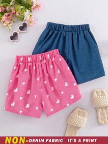 SHEIN Elladie kids 2件組少女活力度假風向日葵愛心臉孔丹寧效果印花不對稱短褲 紫色組合包，適合夏季出遊 - 彩色 - 查看 3