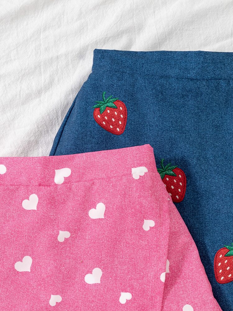 SHEIN Elladie kids 2pcs/Set Young Girl Vibrant Vacation Sunflower Heart Face Denim Effect Print Asymmetric Shorts Blue & Pink Combination Pack, Suitable For Summer Outings, Back To School - Multicolor - View 6