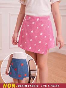 SHEIN Elladie kids 2件組少女活力度假風向日葵愛心臉孔丹寧效果印花不對稱短褲 紫色組合包，適合夏季出遊 - 彩色 - 查看 4