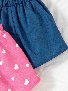 SHEIN Elladie kids 2件組少女活力度假風向日葵愛心臉孔丹寧效果印花不對稱短褲 紫色組合包，適合夏季出遊 - 彩色 - 查看 8