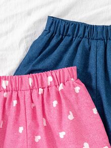 SHEIN Elladie kids 2件組少女活力度假風向日葵愛心臉孔丹寧效果印花不對稱短褲 紫色組合包，適合夏季出遊 - 彩色 - 查看 9