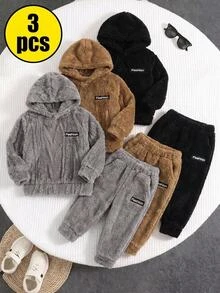 SHEIN Baby Boy 3pcs/Set Thick Fleece Textured Fabric Crew Neck Long Sleeve Pullover Winter Sweatshirt,Halloween Fall School Christmas - Multicolor - View 1