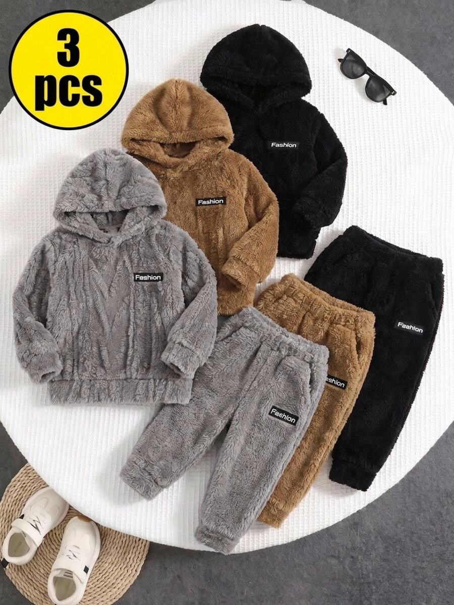 SHEIN Baby Boy 3pcs/Set Thick Fleece Textured Fabric Crew Neck Long Sleeve Pullover Winter Sweatshirt,Halloween Fall School Christmas - Multicolor - View 1