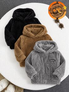 SHEIN Baby Boy 3pcs/Set Thick Fleece Textured Fabric Crew Neck Long Sleeve Pullover Winter Sweatshirt,Halloween Fall School Christmas - Multicolor - View 3