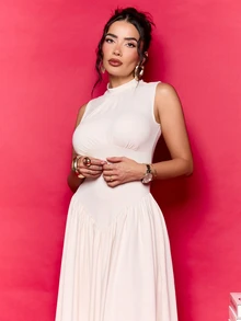 Dania Mndz Shop Gaun Formal Elegan Wanita Warna Putih Krem, Leher Bulat, Pinggang Terikat, dan Detail Kerut, Gaun Panjang Lembut Bervolume untuk Musim Panas, Cocok untuk Tamu Pernikahan, Pesta, Liburan, Prom, Warna Gading - Aprikot - View 4