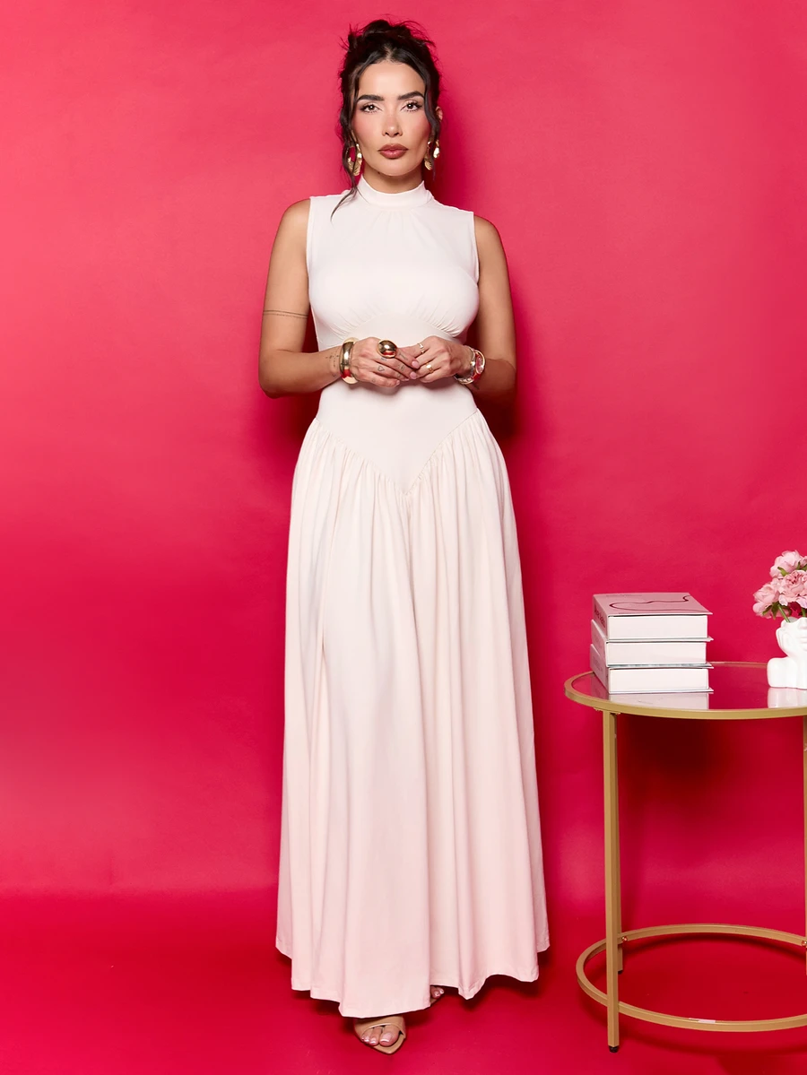 Dania Mndz Shop Gaun Formal Elegan Wanita Warna Putih Krem, Leher Bulat, Pinggang Terikat, dan Detail Kerut, Gaun Panjang Lembut Bervolume untuk Musim Panas, Cocok untuk Tamu Pernikahan, Pesta, Liburan, Prom, Warna Gading