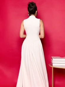 Dania Mndz Shop Gaun Formal Elegan Wanita Warna Putih Krem, Leher Bulat, Pinggang Terikat, dan Detail Kerut, Gaun Panjang Lembut Bervolume untuk Musim Panas, Cocok untuk Tamu Pernikahan, Pesta, Liburan, Prom, Warna Gading - Aprikot - View 3