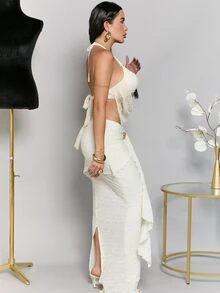 Dania Mndz Shop 全白派对女装秋季端庄老钱闪光假日聚会狂欢节郊游游泳度假波西米亚风海滩热户外丰富层次婚礼季节宴会成人礼海滩海滨女式超长分层波浪下摆金属装饰低腰裙 - 杏色 - 查看 6