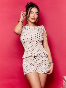 Dania Mndz Shop 女士撞色波点印花无袖上衣和短裤两件套 - 杏色 - 查看 3