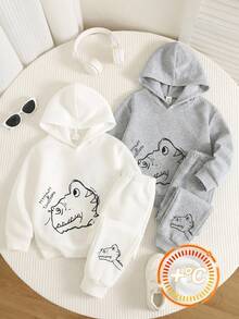SHEIN 2件裝男孩女孩休閒學院風舒適時尚簡約實用百搭恐龍圖案毛茸茸加厚連帽衛衣 - 彩色 - 查看 1