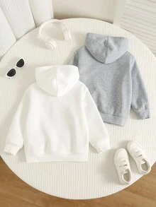 SHEIN 2件裝男孩女孩休閒學院風舒適時尚簡約實用百搭恐龍圖案毛茸茸加厚連帽衛衣 - 彩色 - 查看 2