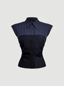 SHEIN MOD 女款優雅復古條紋拼接拼色單排扣襯衫 - 黑色 - 查看 3