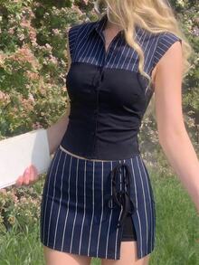 SHEIN MOD 女款優雅復古條紋拼接拼色單排扣襯衫 - 黑色 - 查看 4