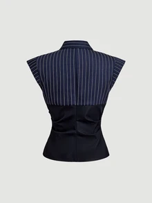 SHEIN MOD 女款優雅復古條紋拼接拼色單排扣襯衫 - 黑色 - 查看 2
