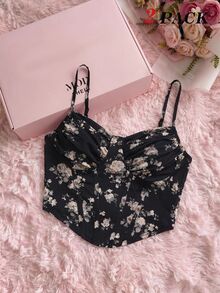 SHEIN MOD 女款夏季優雅花卉印花細肩帶背心 - 黑色 - 查看 2
