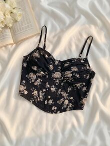 SHEIN MOD 女款夏季優雅花卉印花細肩帶背心 - 黑色 - 查看 1