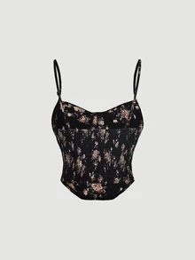 SHEIN MOD 女款夏季優雅花卉印花細肩帶背心 - 黑色 - 查看 6