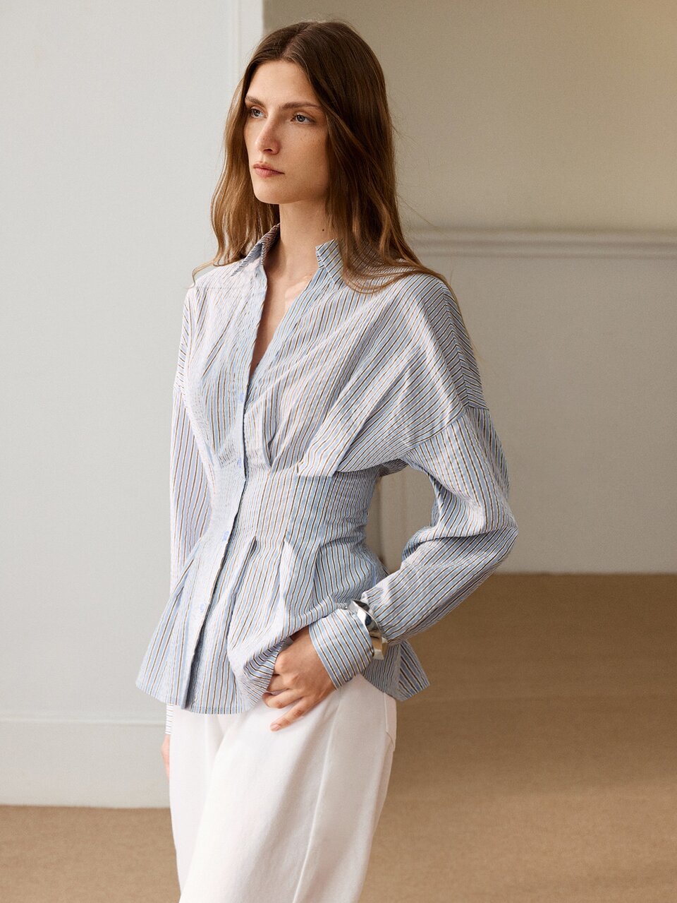 Anewsta Women's Autumn/Winter New Fashion Modern V-Neck Ruched Waist Blue Striped Blouse, Blue Blouse, Elegant Women's Blouses, Striped Top For Daily Commute, Office, Holiday Party, Date, Vacation