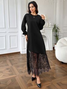 Graceveil Round Neck Hemline Positioned Lace Mesh Patchwork Black Dress Autumn Elegant Modest Rustic Casual Dresses Fall/Winter Formal Christening Guest - Black - View 4