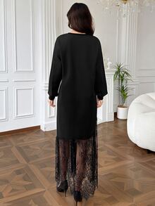 Graceveil Round Neck Hemline Positioned Lace Mesh Patchwork Black Dress Autumn Elegant Modest Rustic Casual Dresses Fall/Winter Formal Christening Guest - Black - View 5