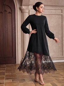 Graceveil Round Neck Hemline Positioned Lace Mesh Patchwork Black Dress Autumn Elegant Modest Rustic Casual Dresses Fall/Winter Formal Christening Guest - Black - View 1