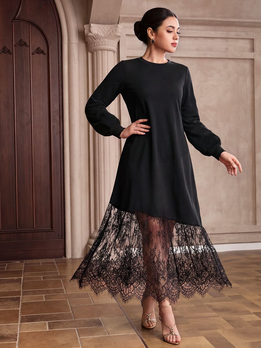 Graceveil Round Neck Hemline Positioned Lace Mesh Patchwork Black Dress Autumn Elegant Modest Rustic Casual Dresses Fall/Winter Formal Christening Guest - Black - View 1