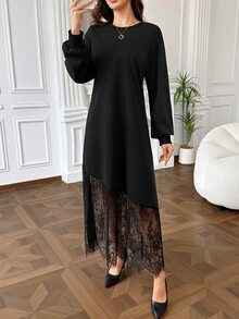 Graceveil Round Neck Hemline Positioned Lace Mesh Patchwork Black Dress Autumn Elegant Modest Rustic Casual Dresses Fall/Winter Formal Christening Guest - Black - View 7