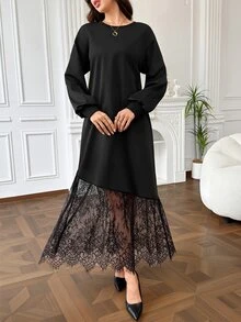 Graceveil Round Neck Hemline Positioned Lace Mesh Patchwork Black Dress Autumn Elegant Modest Rustic Casual Dresses Fall/Winter Formal Christening Guest - Black - View 3
