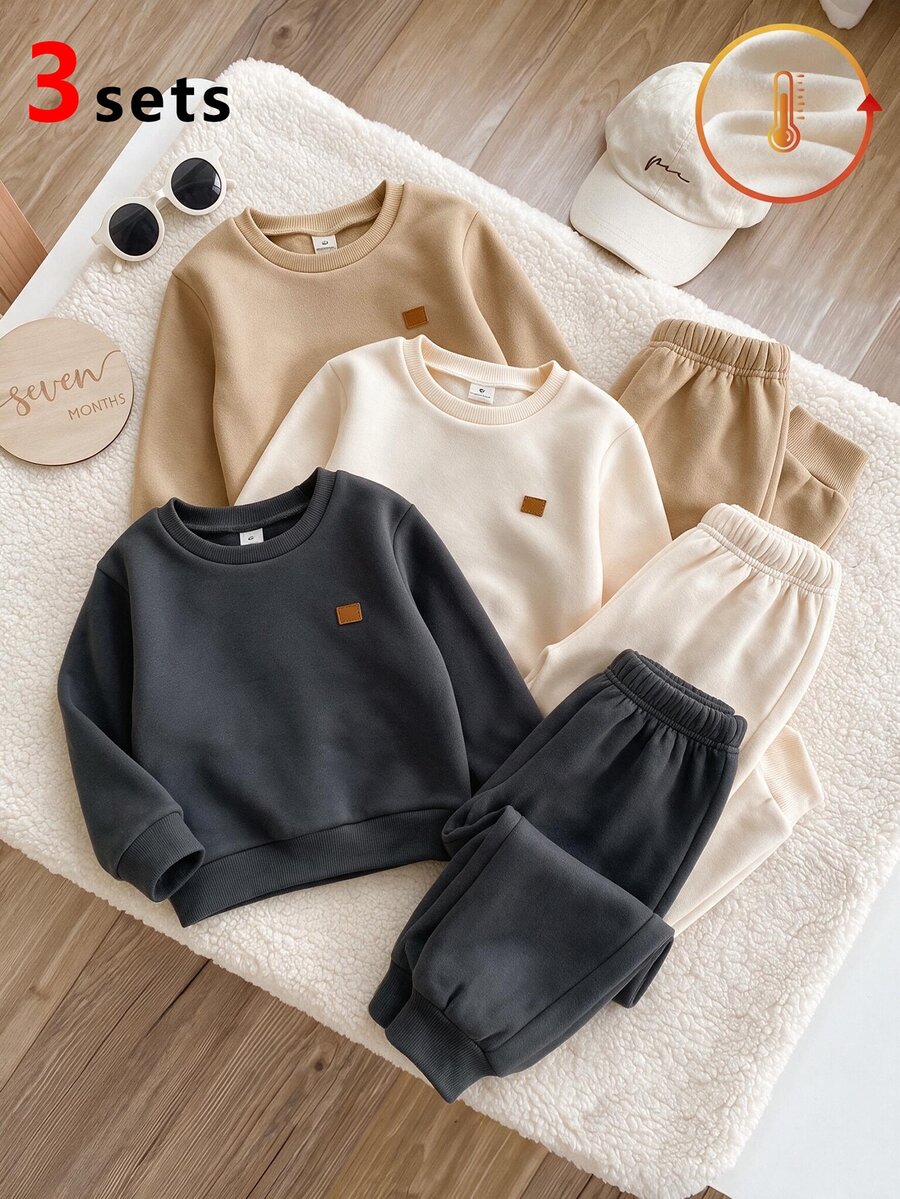 SHEIN 6件組 男童新款秋冬圓領長袖褲裝套裝，寬鬆版型，適合日常穿著、上學、購物、玩耍、度假、外出