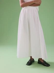 STILLVEA. Casual Elastic Waist Pleated Solid Color Skirt For Women,Fall Clothes,Long Skirt - White - View 2