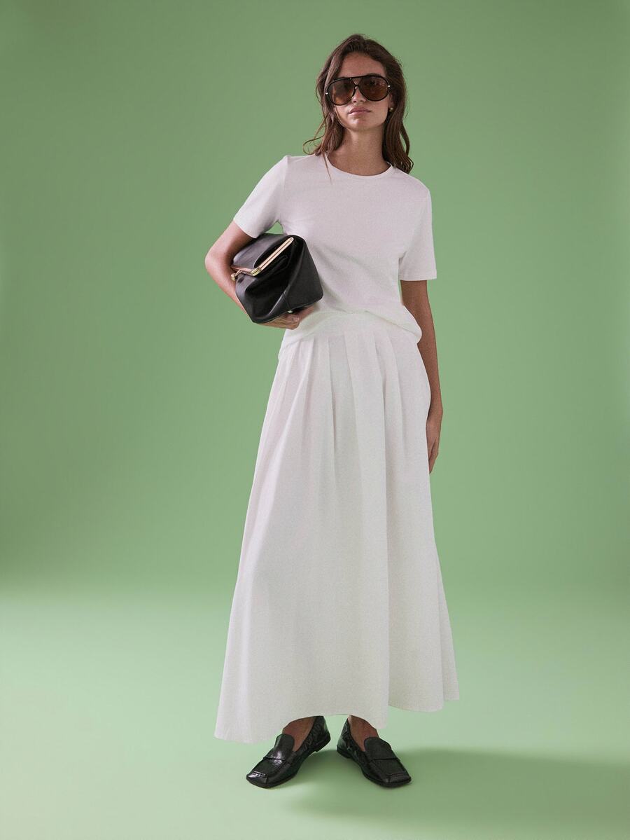 STILLVEA. Casual Elastic Waist Pleated Solid Color Skirt For Women,Fall Clothes,Long Skirt - White - View 1