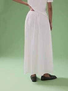 STILLVEA. Casual Elastic Waist Pleated Solid Color Skirt For Women,Fall Clothes,Long Skirt - White - View 3
