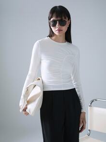 STILLVEA. Women's Casual Solid Color Ruched Long Sleeve T-Shirt Fall Cloth For Women,Fall Tops,Autumn - White - View 1