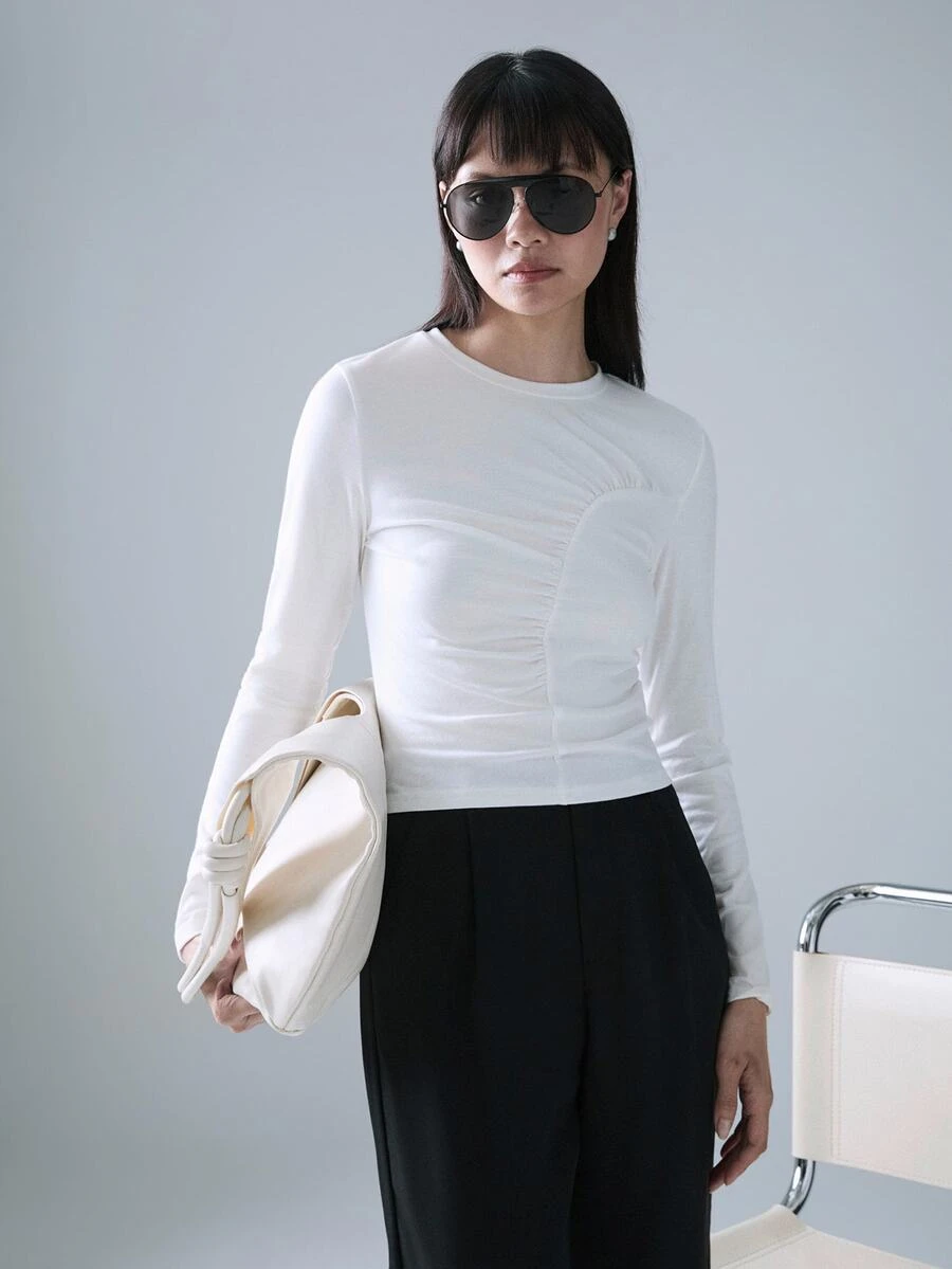 STILLVEA. Women's Casual Solid Color Ruched Long Sleeve T-Shirt Fall Cloth For Women,Fall Tops,Autumn - White - View 1