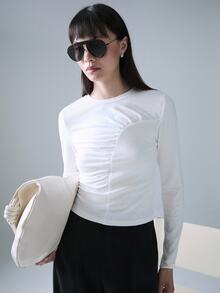 STILLVEA. Women's Casual Solid Color Ruched Long Sleeve T-Shirt Fall Cloth For Women,Fall Tops,Autumn - White - View 4