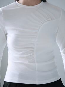 STILLVEA. Women's Casual Solid Color Ruched Long Sleeve T-Shirt Fall Cloth For Women,Fall Tops,Autumn - White - View 3