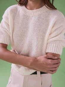 STILLVEA. 女士春夏新款纯色短袖针织圆领套头衫，百搭、大气、法式优雅、舒适、温柔、约会、户外毛衣 - 杏色 - 查看 7