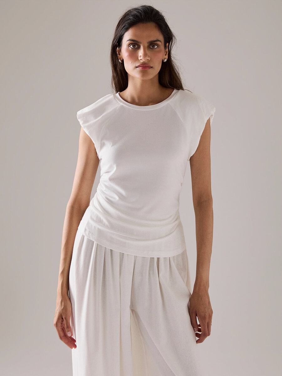 STILLVEA. Women's Round Neck Short Sleeve Casual Solid Color Ruched Ruffle Lantern Sleeve Tee Shirt For Summer,Summer Tops,White Top - White - View 1