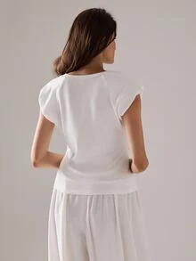 STILLVEA. Women's Round Neck Short Sleeve Casual Solid Color Ruched Ruffle Lantern Sleeve Tee Shirt For Summer,Summer Tops,White Top - White - View 2