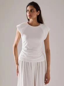 STILLVEA. Women's Round Neck Short Sleeve Casual Solid Color Ruched Ruffle Lantern Sleeve Tee Shirt For Summer,Summer Tops,White Top - White - View 5