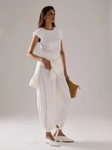 STILLVEA. Women's Round Neck Short Sleeve Casual Solid Color Ruched Ruffle Lantern Sleeve Tee Shirt For Summer,Summer Tops,White Top - White - View 4