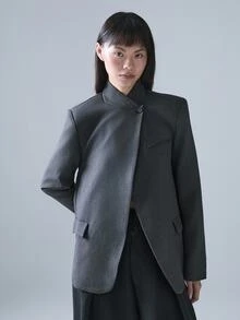 STILLVEA. 立領斜襟西裝外套，打造高端商務休閒風格，教師節辦公室深灰色夏季款 - 灰色 - 查看 7