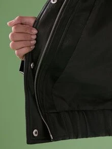 STILLVEA. Retro amerikanischer Stil kurze Lederjacke für Frauen, lässiges Design Motorradjacke mit hochwertigem Gefühl - Schwarz - Übersicht 8