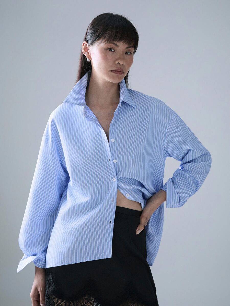 STILLVEA. 女式条纹印花前扣休闲长袖衬衫 - 藍色 - 查看 1