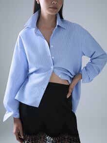 STILLVEA. 女式条纹印花前扣休闲长袖衬衫 - 藍色 - 查看 4