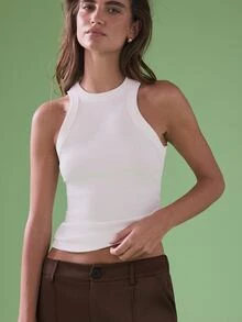 STILLVEA. Solid Color Slim Fit Muscle Tank Top With Round Neck,Vest - White - View 1