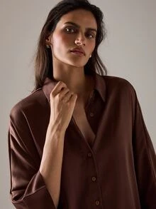STILLVEA. Elegant Casual Deep Color Collared Button-Up Loose Ribbed Satin Side Slit Women Long Sleeve Shirt,Fall Clothes,Elegant Dress Blouses - Coffee Brown - View 2