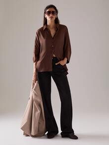 STILLVEA. Elegant Casual Deep Color Collared Button-Up Loose Ribbed Satin Side Slit Women Long Sleeve Shirt,Fall Clothes,Elegant Dress Blouses - Coffee Brown - View 4