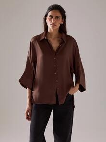 STILLVEA. Elegant Casual Deep Color Collared Button-Up Loose Ribbed Satin Side Slit Women Long Sleeve Shirt,Fall Clothes,Elegant Dress Blouses - Coffee Brown - View 1